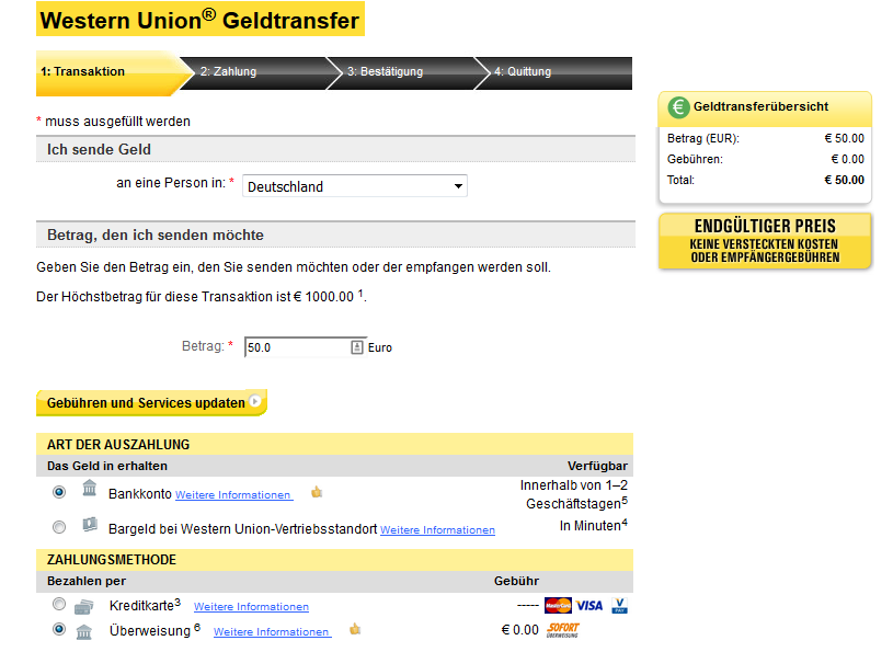 Geld ab 0€ Gebühren per Western Union versenden und 5 ...