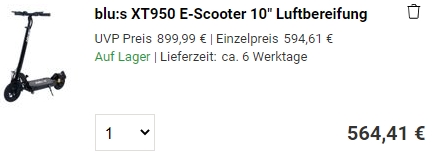 blu:s Stalker XT950 mit E-Scooter 564,41€ Straßenzulassung für