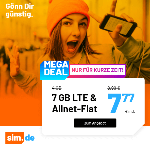 SIM.de: 7 GB LTE Allnet-Flat Für 7,77€/Monat| MonsterDealz.de