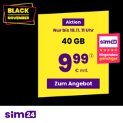 🔥 SIM24 Black November Deals: 5G AllnetFlats - z.B. 7GB für 4,99€/Monat // 40GB für 9,99€/Monat (mtl. kündbar)