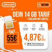 ⏰ *55€ CASHBACK* 14 GB LTE Allmobil Flat M LTE für eff. 4,87€/Monat