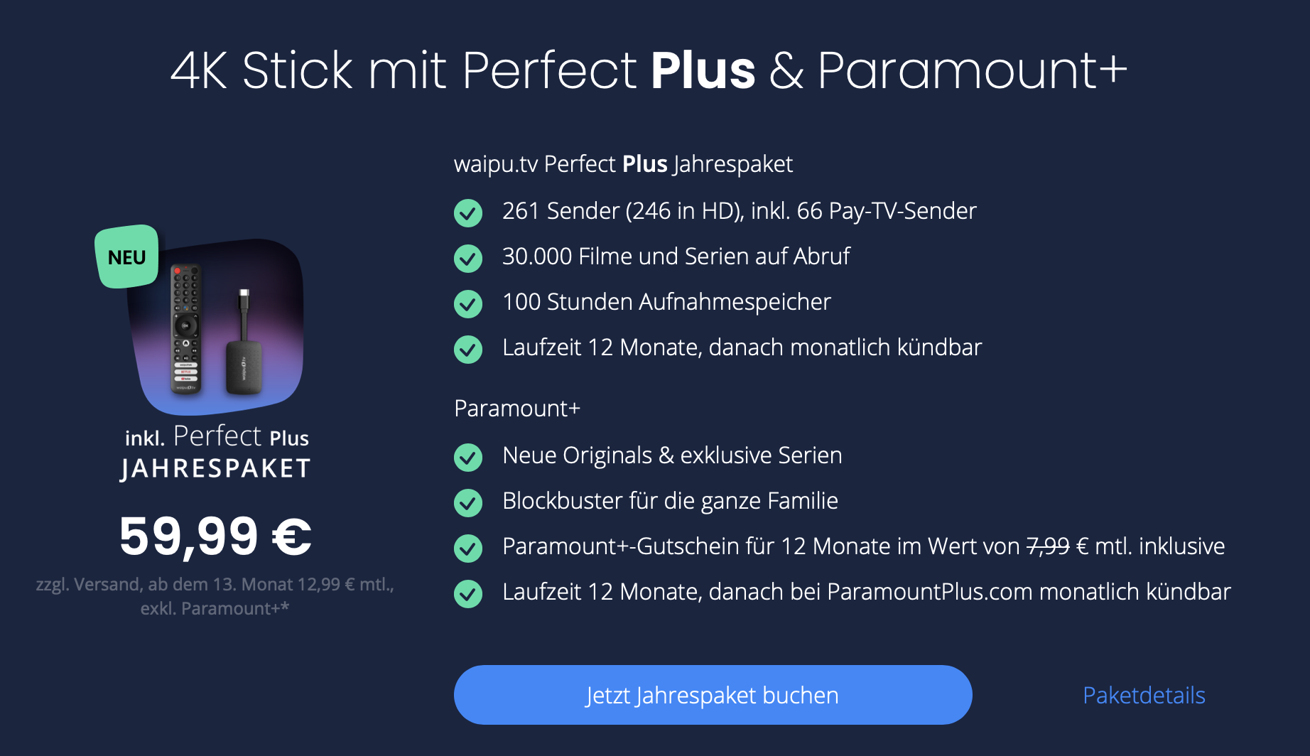 4K inkl. waipu.tv 59,99€ Plus Stick Jahr für Perfect 1